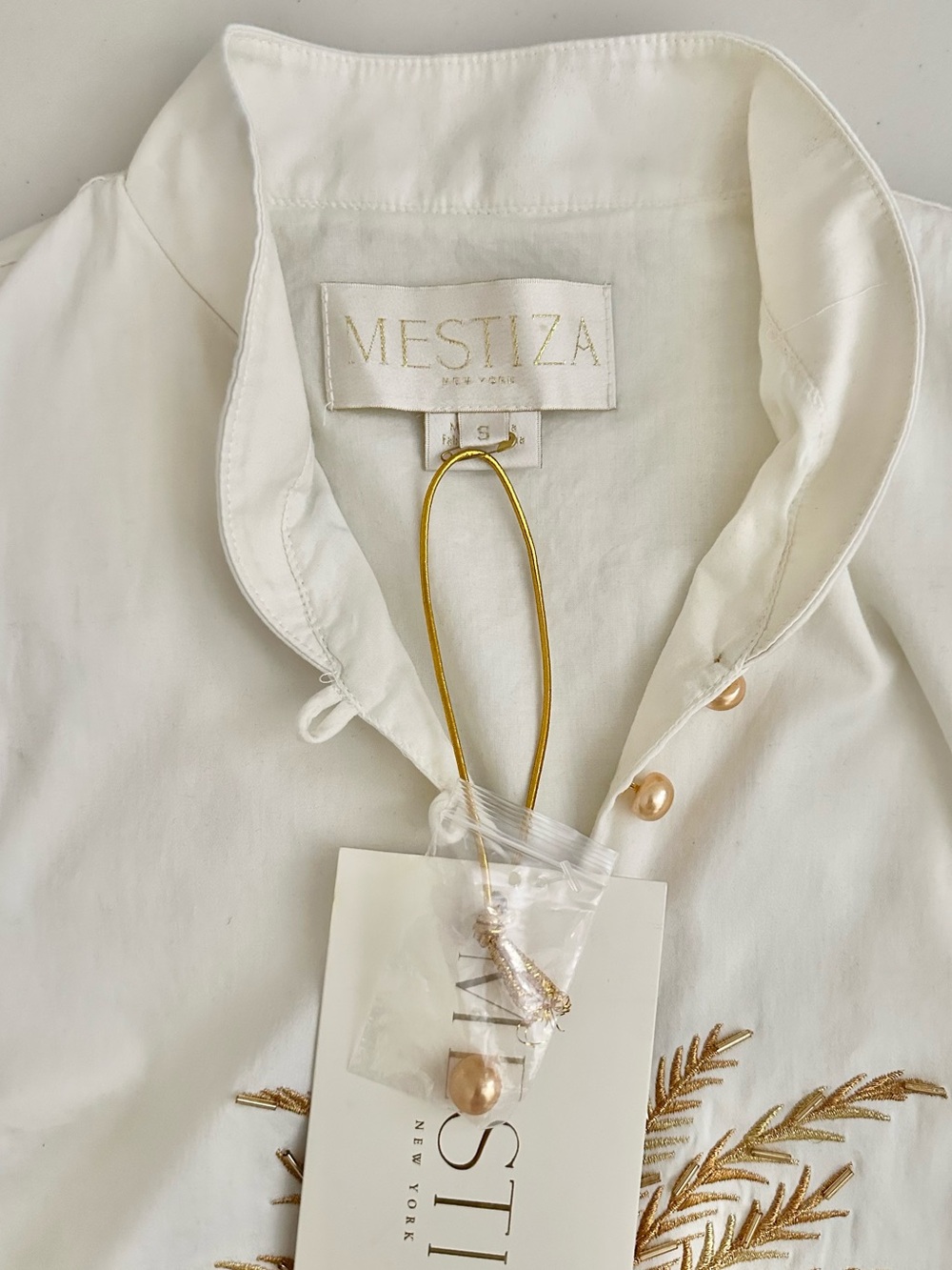 Mestiza Elliana Dress Small Palm Tree Embroidery Short Puff Sleeve Ivory Gold - Picture 5 of 8